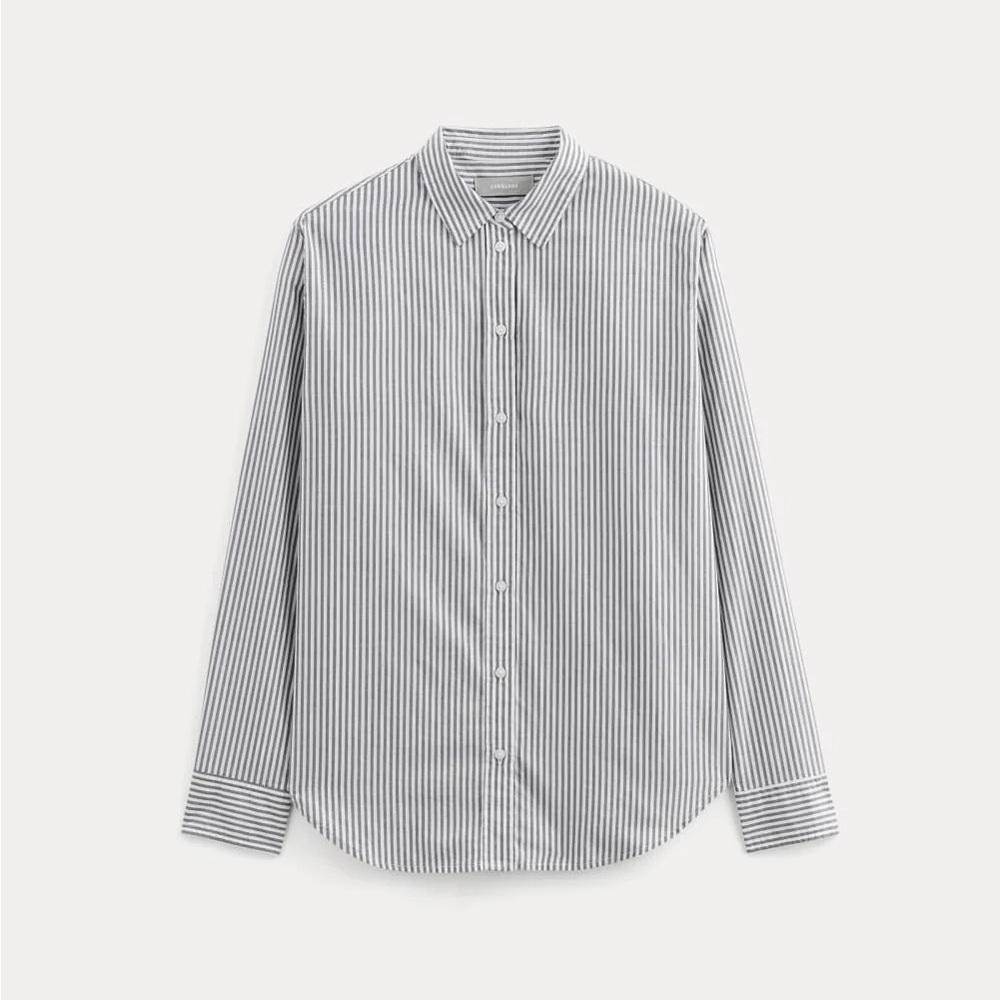Everlane Women's Grey and White Striped Button Down Shirt